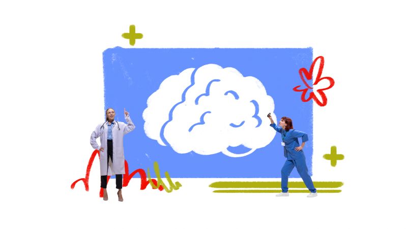 Colorful collage. Doctors interacting with illustrated brain symbolizing research and healthcare diagnostics. Concept of neuroscience, education, therapy, innovation and medical collaboration.