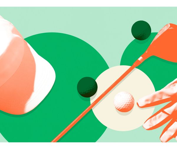 Illustration of golf elements including a golf ball, club, hand, and cap with abstract green circles.