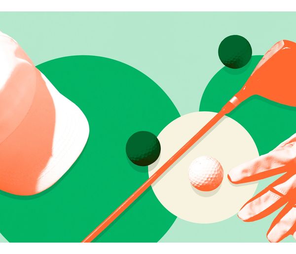 Illustration of golf elements including a golf ball, club, hand, and cap with abstract green circles.