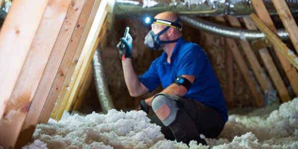 Worker inspecting insulation in attic with safety gear.