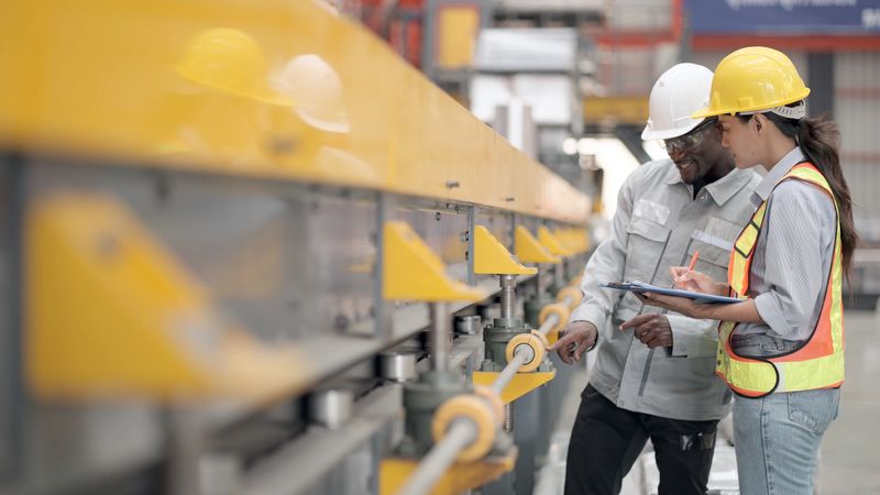 Team of maintenance engineers in safety gear and hard hats inspect and test machines after a maintenance program to ensure they are up to speed on the production line at a steel fabrication plant or steel industry.