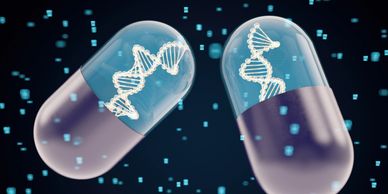 Capsules containing DNA strands symbolize genetic medicine innovation.