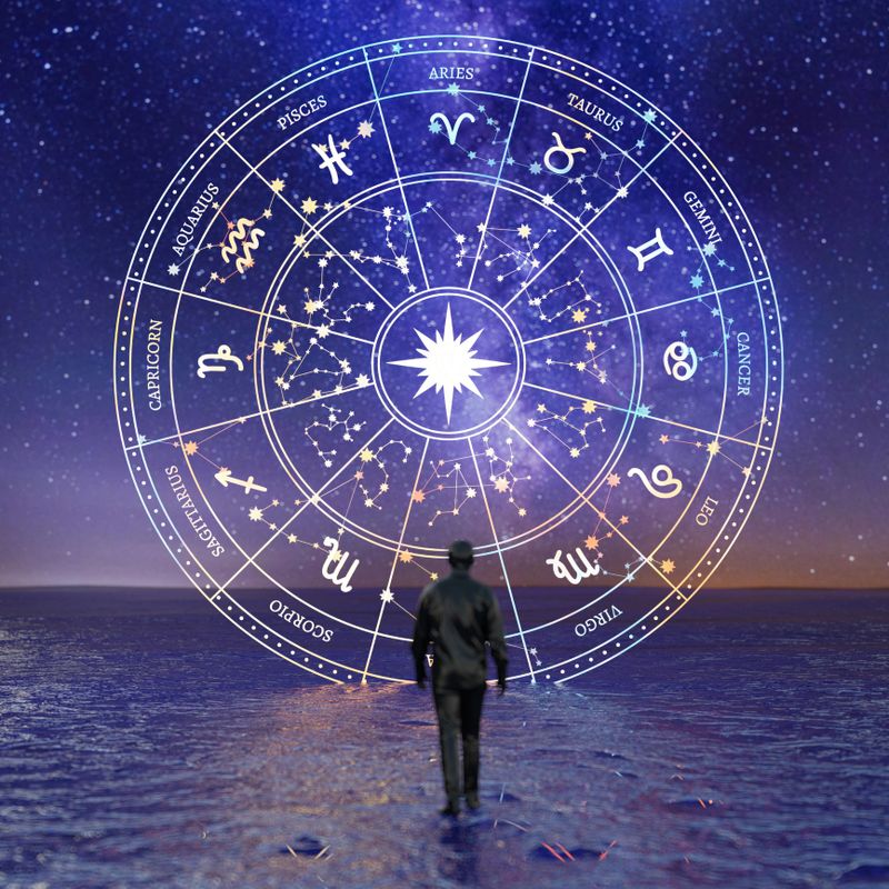Man Standing Before Glowing Zodiac Wheel on Night Sky Background. 3D Render