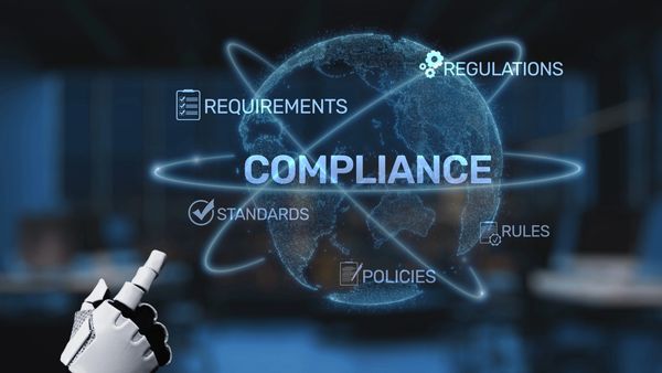 Robot hand pointing at compliance-related terms around a digital globe.