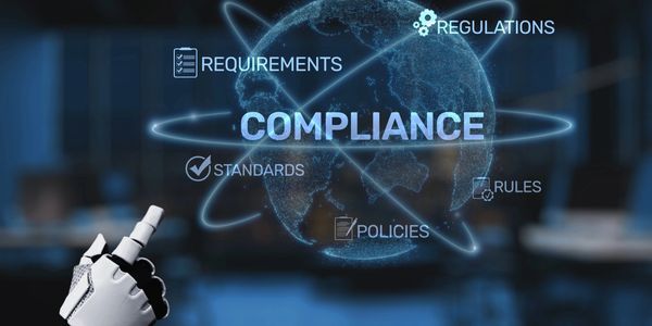 Robot hand pointing at digital compliance terms around a globe.