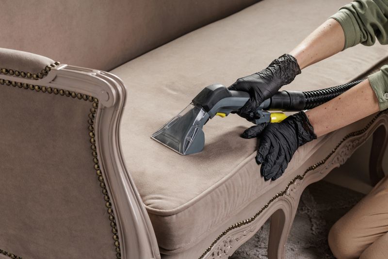 Gloved worker using upholstery extraction nozzle to deep clean fabric sofa cushion and remove stains and allergens at home