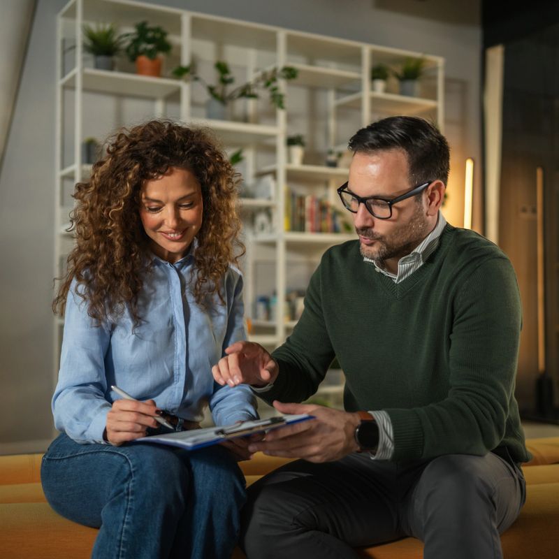 Business partners sitting on a couch in a modern office, a man explaining a contract document on a clipboard to a smiling woman, preparing to sign the agreement