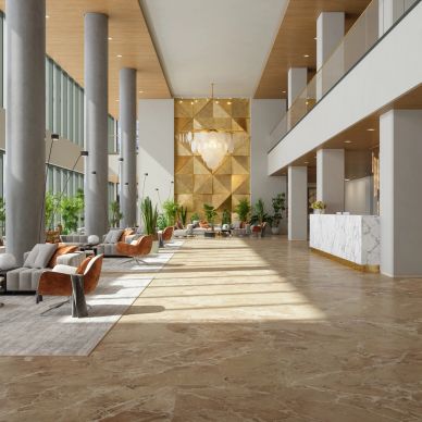 Recepción de hotel moderna y luminosa con muebles elegantes.