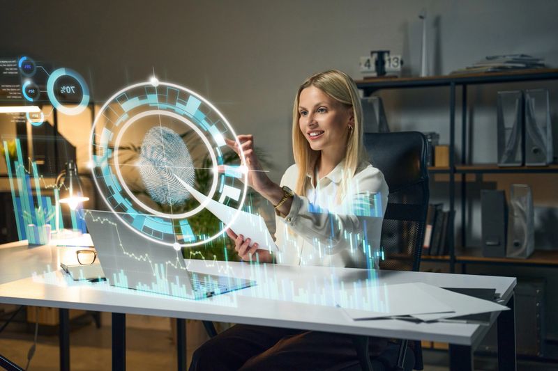 Innovative Female Professional Engages With Digital Security Interface Through Interactive Holographic Display. Advanced Technology And Data Protection Concept Highlighting Business And Cybersecurity
