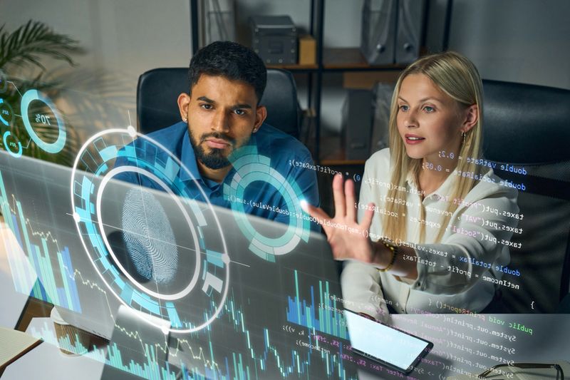 Two Professionals Collaborating On Futuristic Virtual Interface, Analyzing Data And Cybersecurity Graphics, Emphasizing Innovation, Technology, And Teamwork In A Modern Workplace Setting