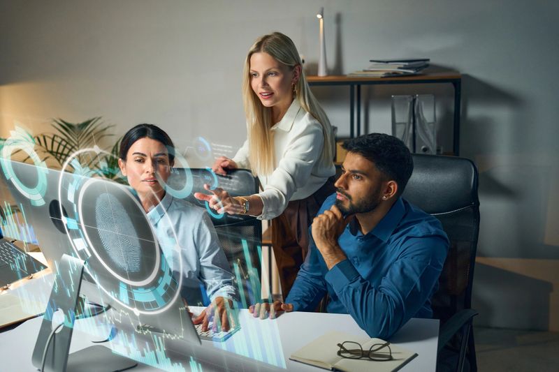 Team Collaboration In A High-Tech Office Setting Displaying Advanced Digital Interfaces Showcasing Modern Cybersecurity Technology, Innovation, Professionalism.
