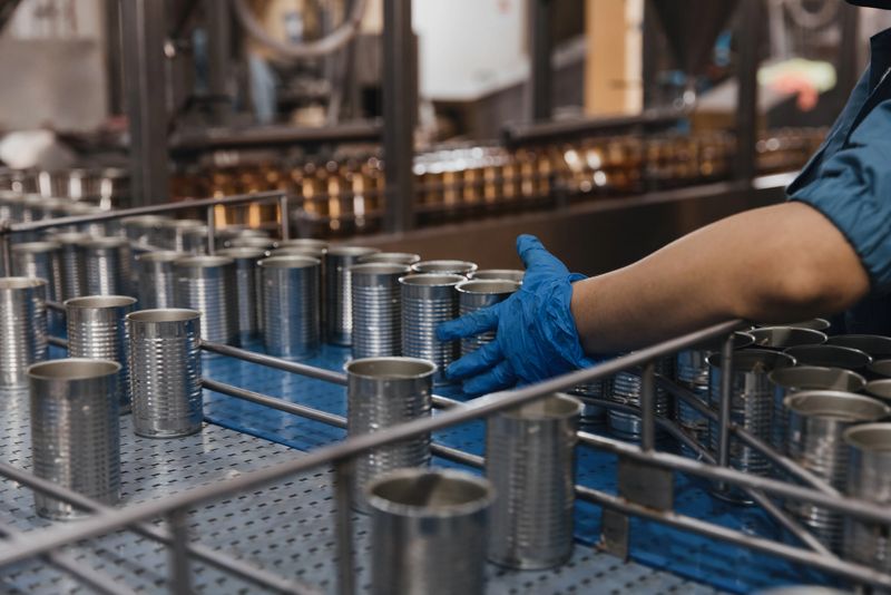 A worker is positioned at a production line, sorting metal cans that are placed on a conveyor belt. The person is wearing gloves and working efficiently during the day.