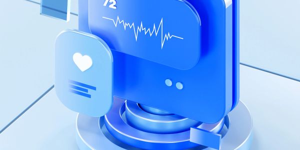 3D blue heart rate monitor with pulse graph and heart icon.