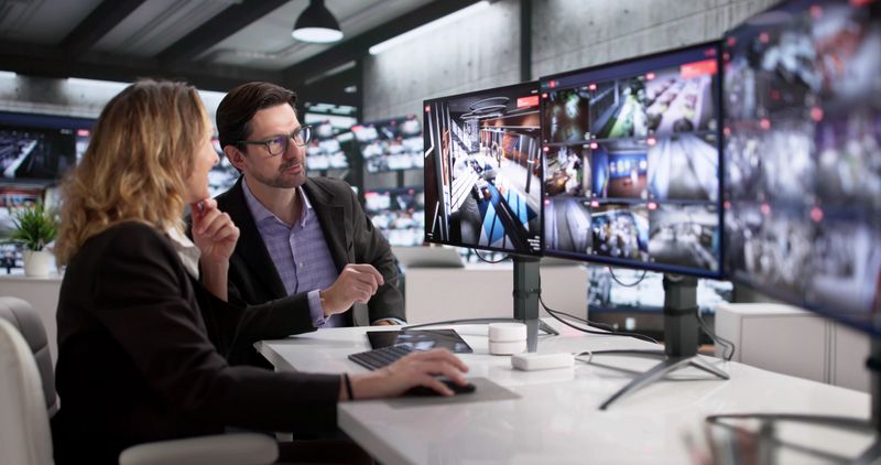 Security Guards Monitoring CCTV Footage In Control Room With Multiple Cameras.