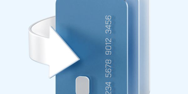 Blue credit card with a white arrow indicating insertion or swipe.