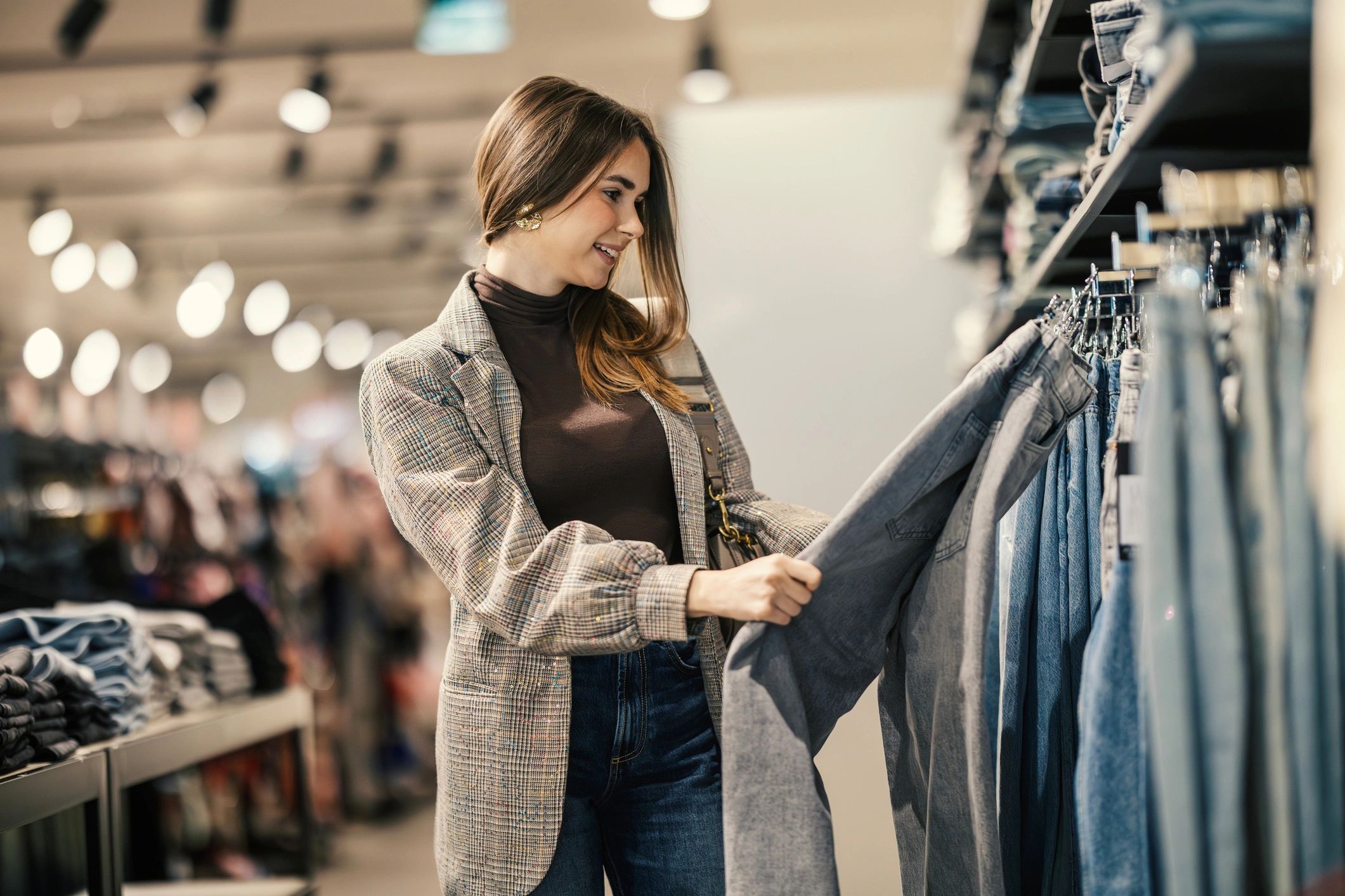 A woman shopping for jeans in a clothing store.
