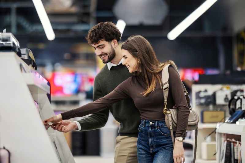 Young couple browsing electronics store, smiling as they examine smartphones and tablets on display, making purchasing decisions and enjoying tech shopping together