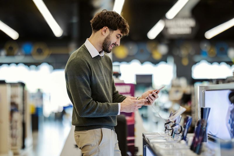 Young adult man smiling while holding and interacting with a smartphone display model, comparing features and considering a purchase in a modern electronics retail store