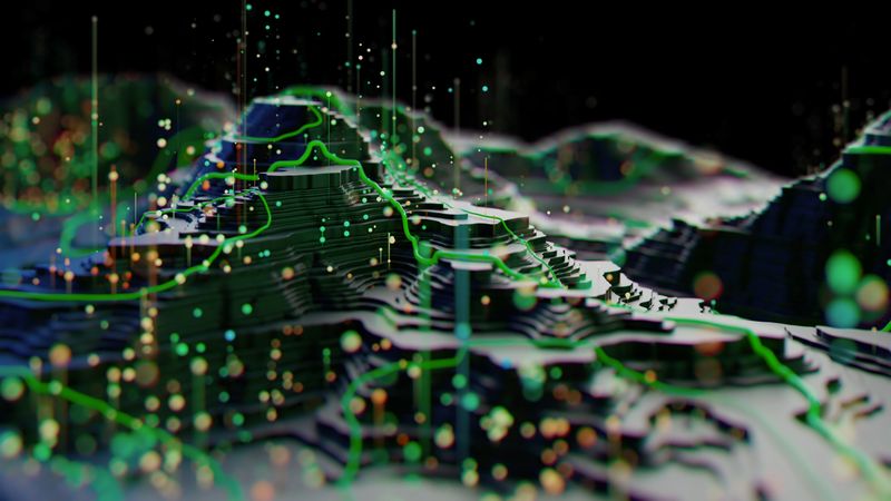 A futuristic 3D terrain model shown with neon green lines and glowing data points. Ideal for GIS, mapping, data visualization, and digital analysis workflows.