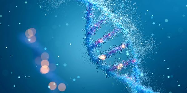 Digital illustration of a glowing DNA double helix strand in blue.