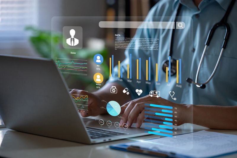 Data analysis concept, Medical professional analyzing patient data and  intelligent healthcare monitoring.