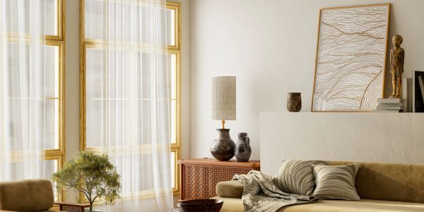 Cozy living room with beige sofa and natural light.