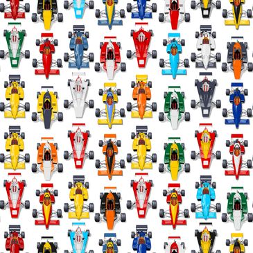 Top view of colorful race cars arranged in a grid pattern.
