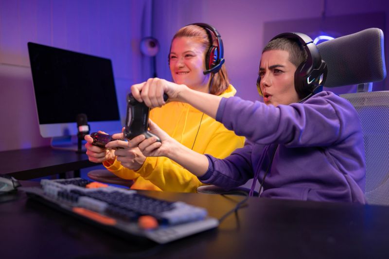 Two woman gamers wearing headsets playing a video game together in a colorful gaming room. They are holding game controllers, interacting with the screen, and enjoying an exciting multiplayer session