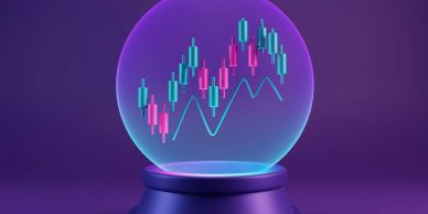 A glowing crystal ball with financial candlestick and line charts inside.