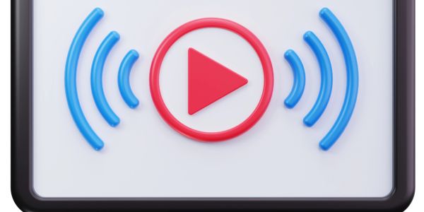 Icône de lecture avec ondes sonores bleues.
