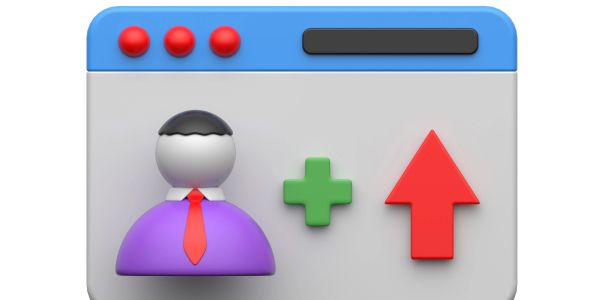 3D icon showing user growth with an upward arrow in a web interface.