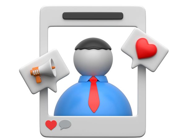 3D avatar in a social media frame with like and announcement icons.
