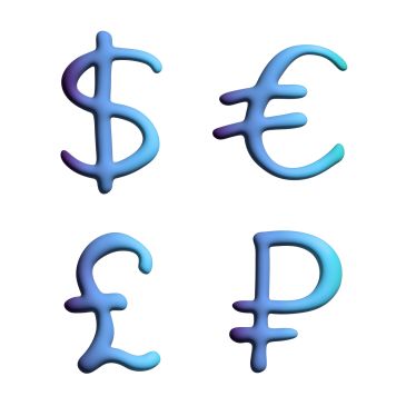 Four 3D blue currency symbols: dollar, euro, pound, and ruble.