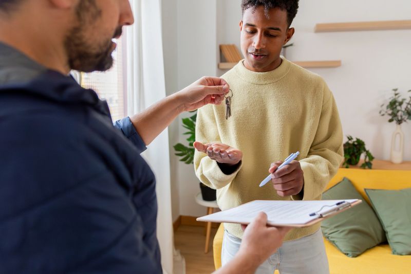 Landlord handing house keys to a young man signing a rental contract for a new home
