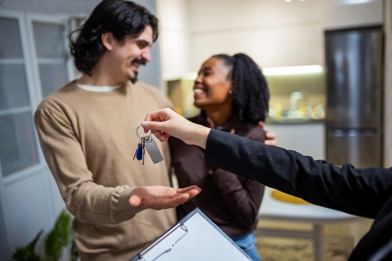 Mixed couple receiving their new home keys from a real estate agent inside a bright modern apartment, joyful moment of transition.