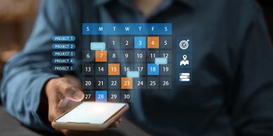 Person using a phone with a digital project calendar overlay.