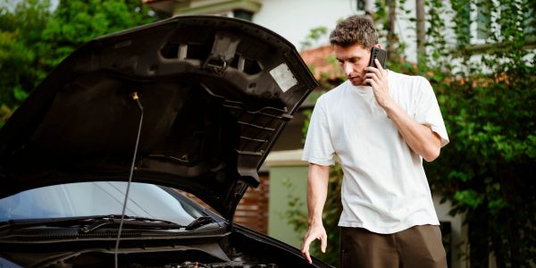 Man talking on phone with car hood open.