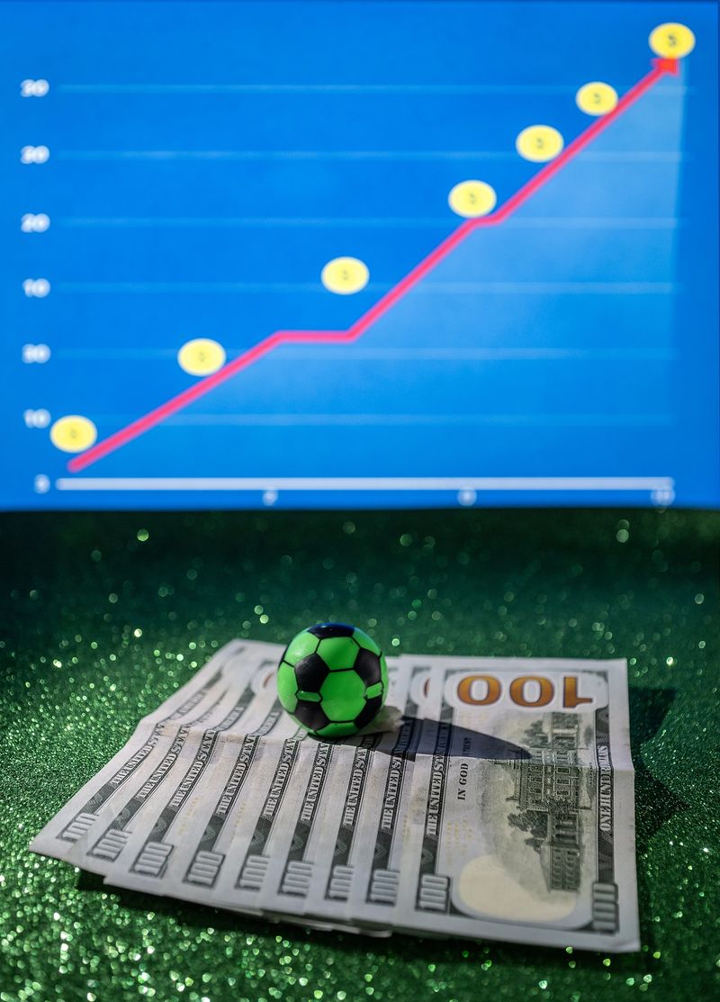 A green soccer ball on top of $100 bills with an upward-trending earnings chart in the background.