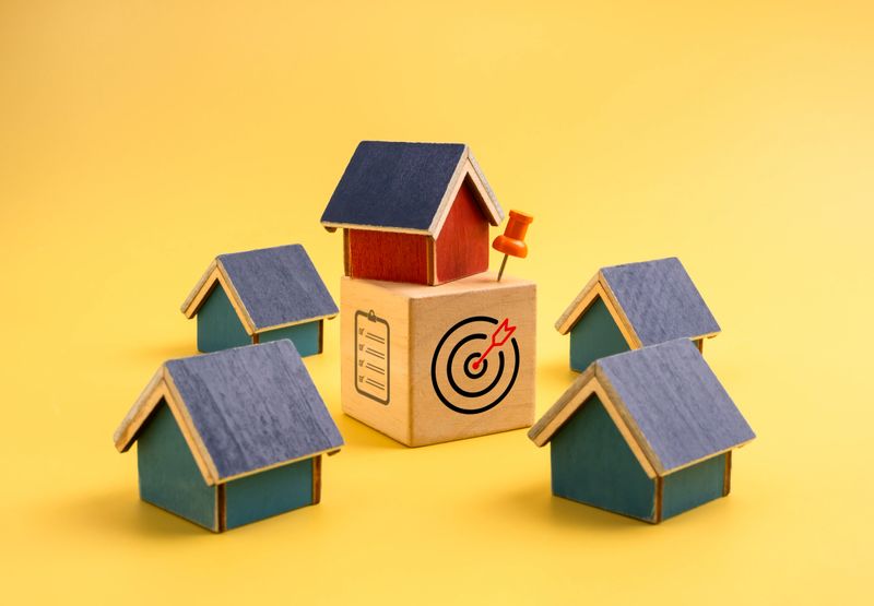 Miniature house on checklist and target block with push pin surrounded by homes symbolizes real estate investment, property selection, home buying decision, and housing market analysis strategy.