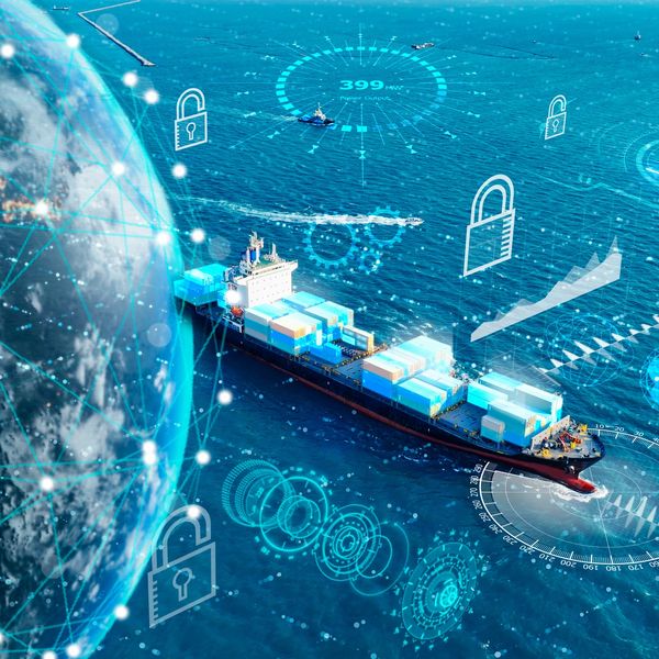 Cargo ship on ocean with digital security and global network overlays.