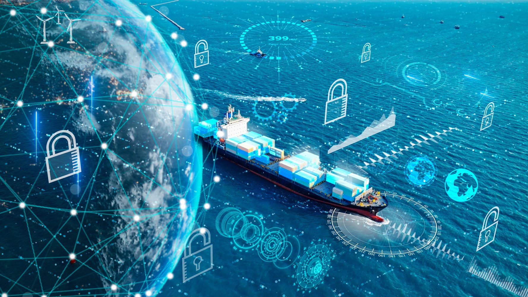 Cargo ship on ocean with digital security and global network overlays.