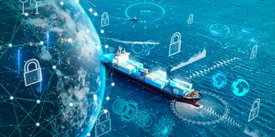 A cargo ship navigating digital ocean with cybersecurity icons around.