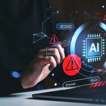 Hand interacting with AI interface showing warning symbols and error alerts.