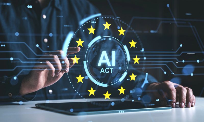Person interacting with digital AI Act hologram surrounded by EU stars in a tech-style interface over dark background, representing legal virtual concept