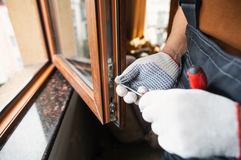 Man with screwdriver repairing window