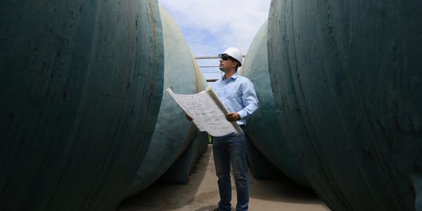 Engineer inspects large industrial tanks with blueprints outdoors.