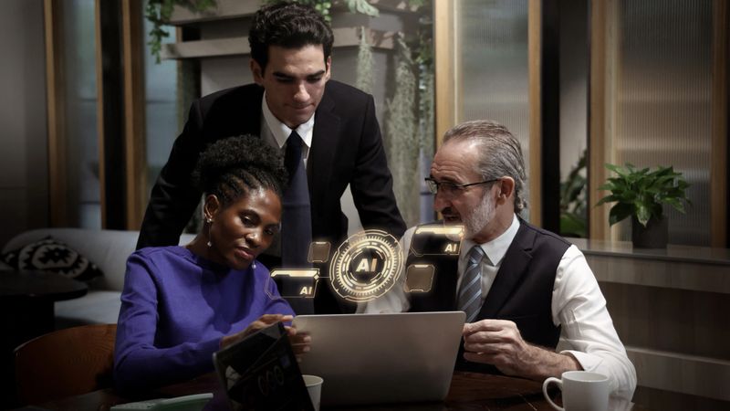 Ai using. Business team using AI assistant technology. Futuristic innovation technology artificial intelligence with digital Hologram. Ai Collaboration and biz ideas for future. Business Tech meeting