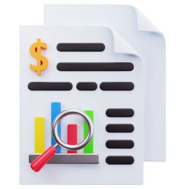 Document with financial data, bar chart, and magnifying glass for analysis.