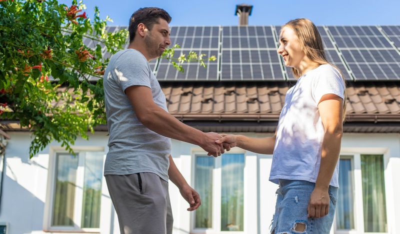 Smiling man and woman shaking hands in front of a house with solar panels .Agreement.