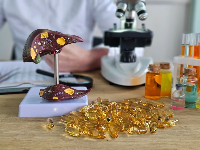 Model of liver with capsules and laboratory equipment in research setting during a study on nutrition and health